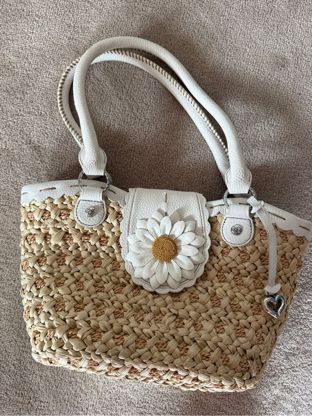 Brighton Woven Straw Tote with White Leather Trim and Daisy Accent